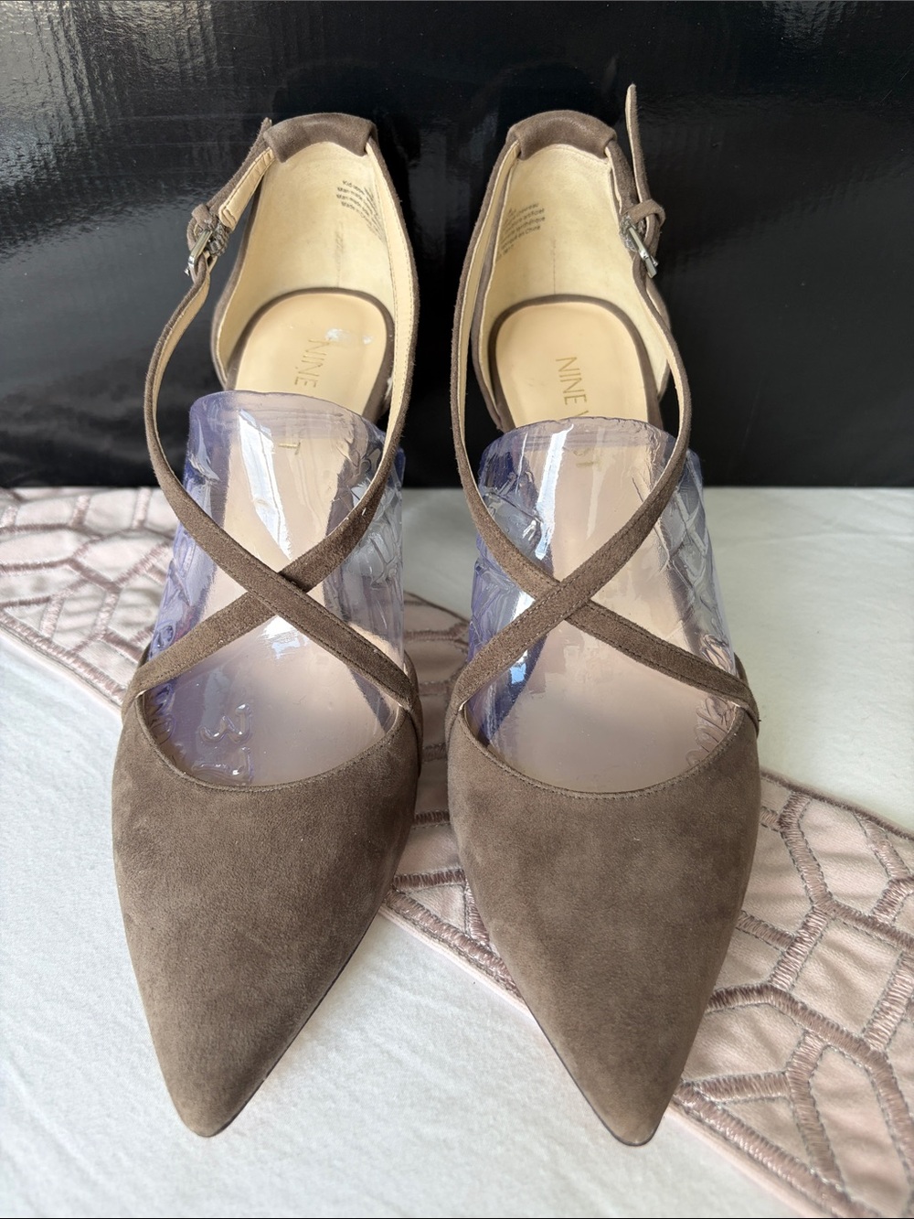 Nine West Taupe Suede Pointed-Toe Crisscross Pumps